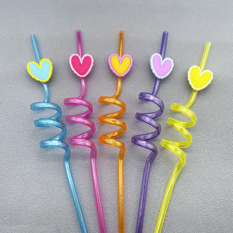1Pc New Heart Shaped Spiral Straws Reusable Food Grade Material Valentine's Day Party Family Gathering Straws Party Supplies