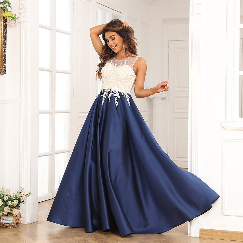 فستان سهرة عتيق بدون أكمام باللون الأزرق الداكن 2023 مزين برقبة دائرية من الساتان طويل لحفلات الزفاف للنساء طول الأرض