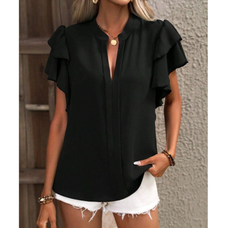Рубашка женская с V-образным вырезом, Модный пуловер с оборками и коротким рукавом, Повседневная офисная блузка в стиле бохо, одежда на лето