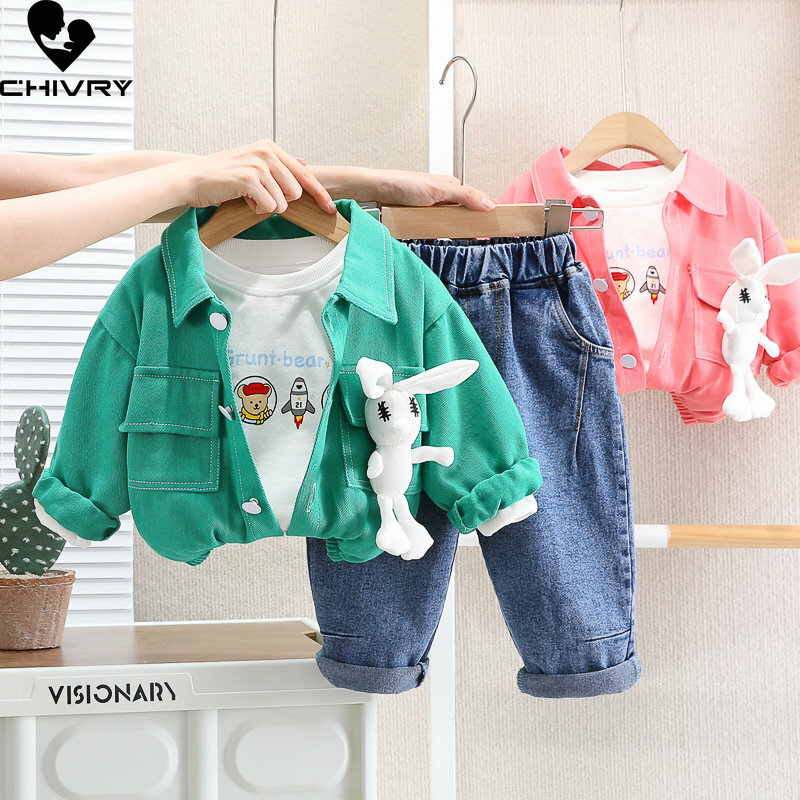 Three-piece Girls Clothing Sets New 2023 Baby Girl Spring Cartoon Tops Cute Rabbit Lapel Coat with Denim Pants Kids Clothes