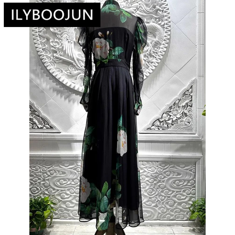 ILYBOOJUN-فستان شيفون مطبوع وردي فرنسي للنساء ، فستان بأكمام طويلة ، خصر مرتفع ، مصمم أزياء جديد للعطلات ، الربيع ،