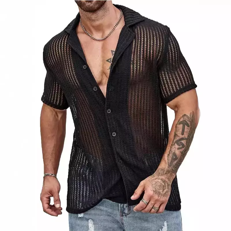 Дышащая трикотажная рубашка для мужчин, пикантная пляжная прозрачная Повседневная сорочка с вырезами, однотонная с коротким рукавом, на пуговицах, на лето