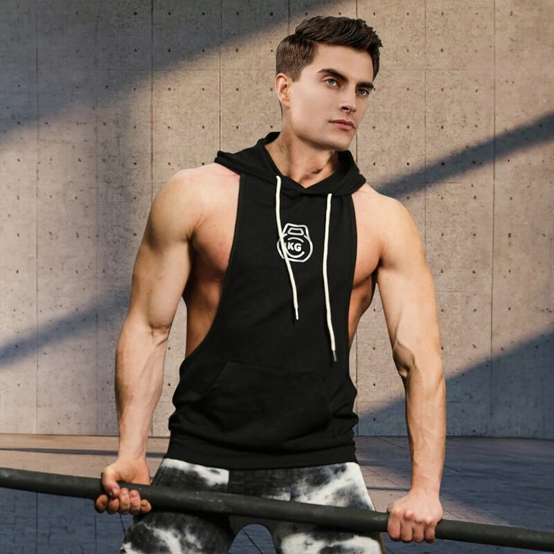 Men's Fitness Clothing Sports Sleeveless Hooded Top Tank Top Fitness Equipment Bottom Shirt Loose Fit Bodybuilding Tank Top