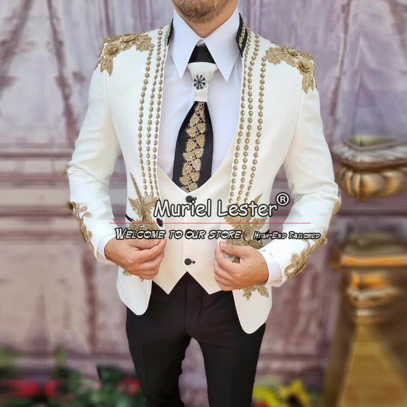 Pakaian pernikahan gading, blazer pria dengan applique emas, buatan khusus 3 buah tuksedo Formal untuk pria