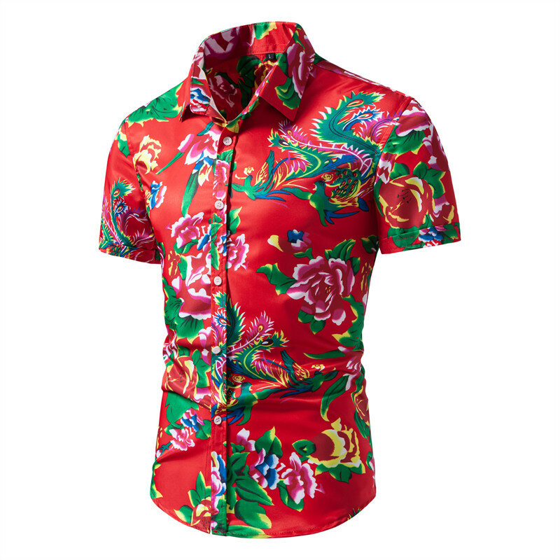 White Men Short-sleeved Printed Shirt Square Collar Single-breasted Shirts Fashion Casual Tops Red Green Can Be Selected Camisa
