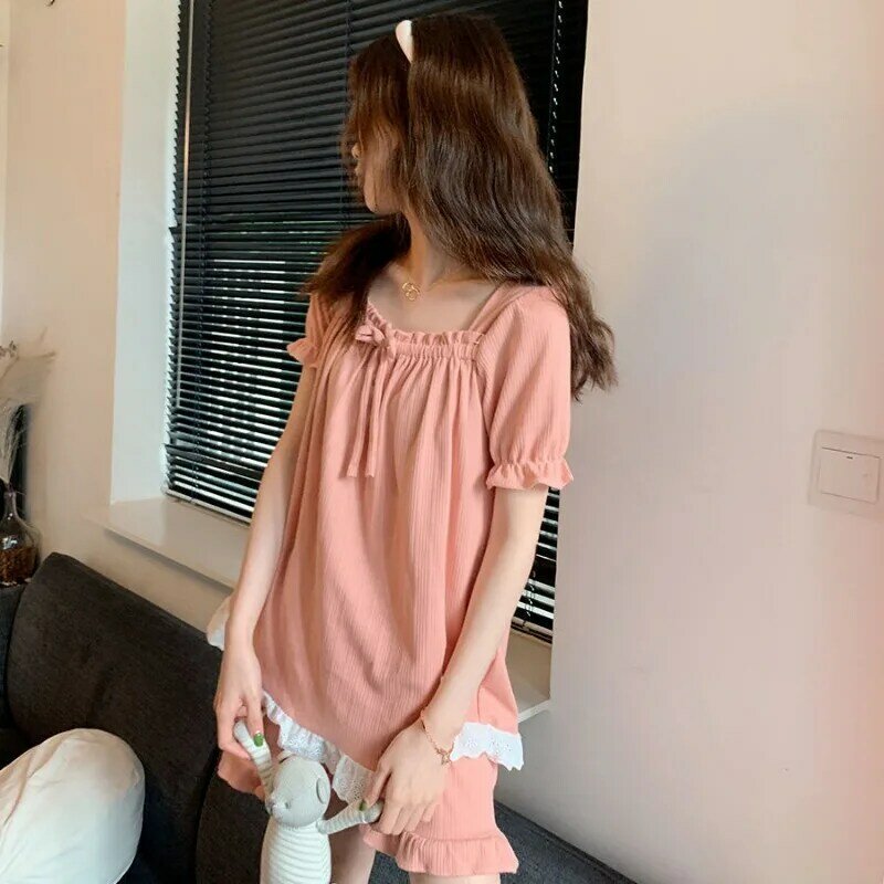 Solid Pajama Sets Women Summer Sweet Girls Puff Sleeve Bow Elastic Ruffles Lace Patchwork Korean Fashion Cute Students Trendy