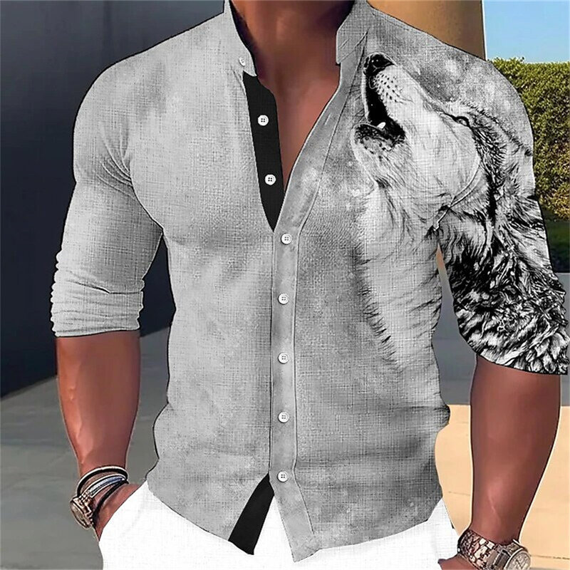 Animal criativo masculino Camisa com gola estampada 3D, manga comprida, botão para cima, moda rua, casual confortável tecido vestuário