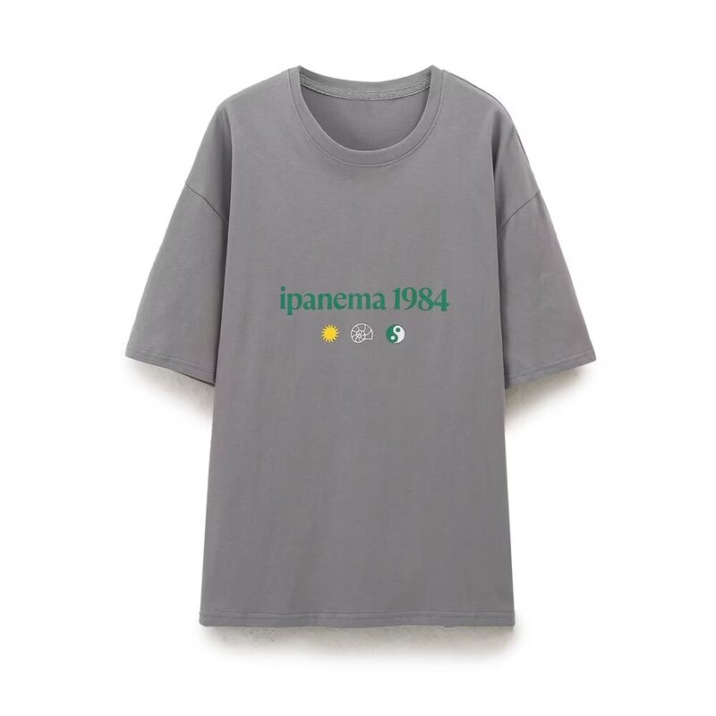 Camiseta estampada con efecto lavado para mujer, camisa Retro de manga corta con cuello redondo, a la moda, elegante y versátil, novedad de 2024