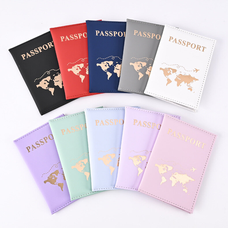 PU sarung paspor pola peta paspor, sarung pelindung paspor perjalanan dan kartu kredit ID, aksesori perjalanan
