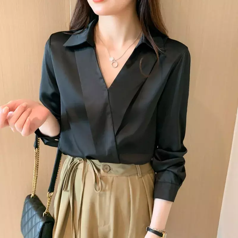 Женская шифоновая блузка с V-образным вырезом, свободного покроя
