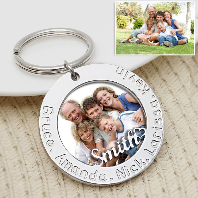 Custom Photo Keychain Personalized Picture Keyring Engraved Family Names Key Chain with Photo Grandpa Father's Day Gift for Mom