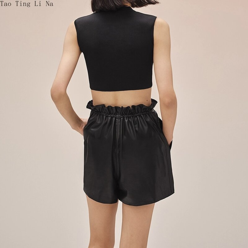 Tao Ting Li Na-pantalones cortos de cuero de oveja con cordón, Shorts elásticos de cintura alta y pierna ancha, G14, otoño