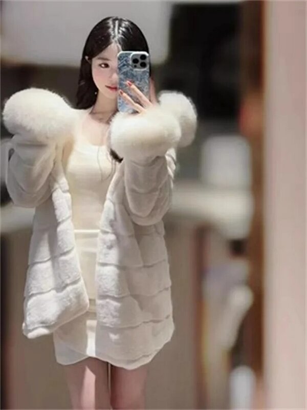 2024Autumn Winter New Imitation Fox Fur Collar Environmental Protection Fur Coat Female Rabbit Fur Plush Hooded Mid Length Coats