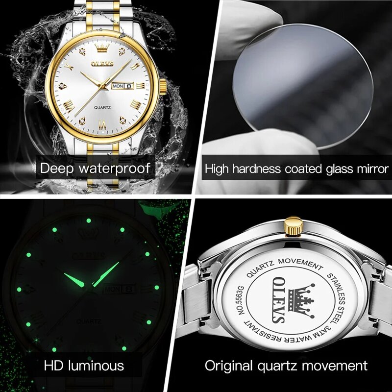 OLEVS-Reloj de pulsera de cuarzo dorado para hombre y mujer, cronógrafo de acero inoxidable, resistente al agua