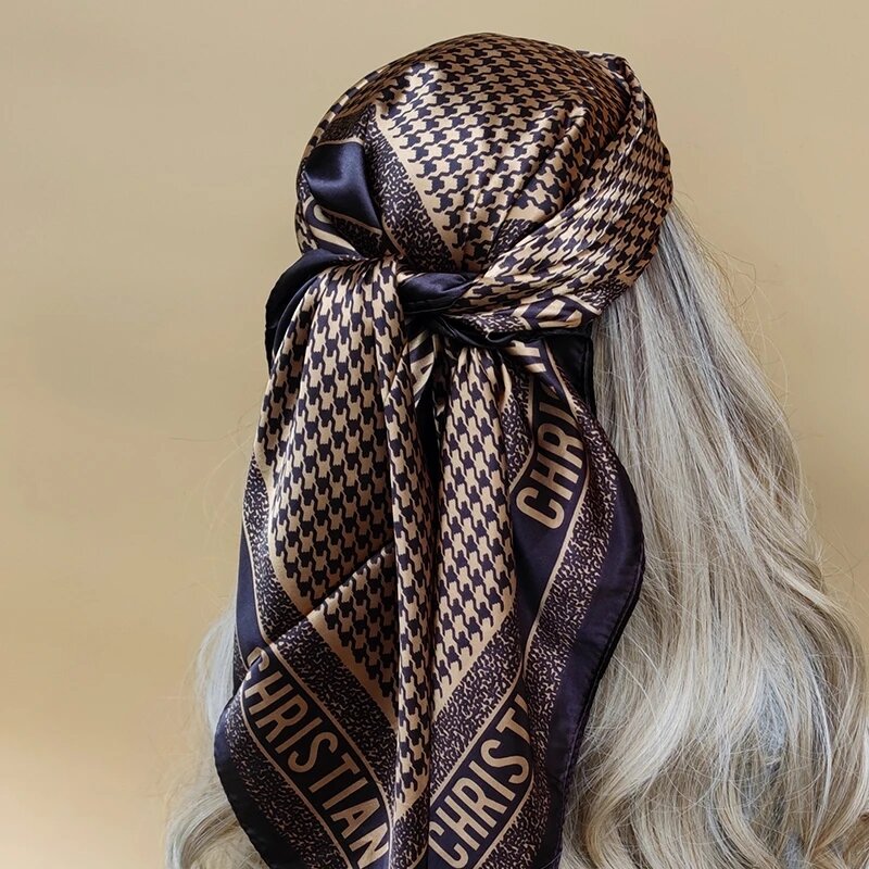 Bufanda cuadrada de satén para mujer, pañuelo de seda con estampado de 90cm, de marca de lujo, para el pelo, para otoño