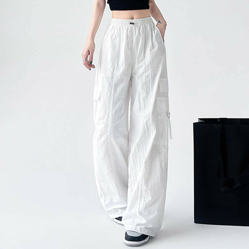 Calça Harajuku feminina com bolsos, calças largas e soltas com elástico na cintura alta, calça coreana casual, moda streetwear feminina, Y2K