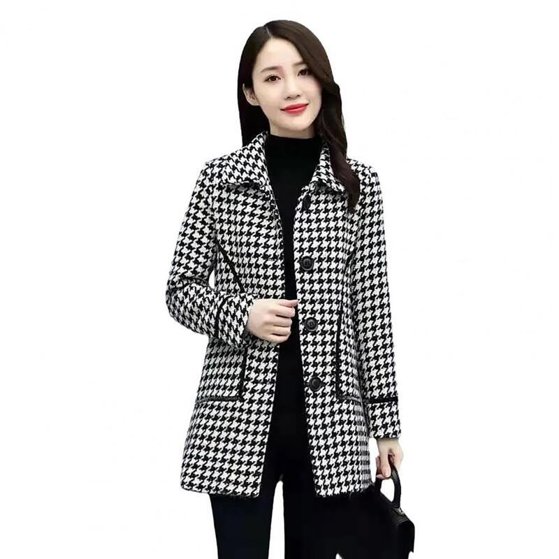 Женское зимнее пальто средней длины, элегантное теплое пальто с длинными рукавами и принтом в елочку, с отложным воротником и карманами, толстая верхняя одежда для осени