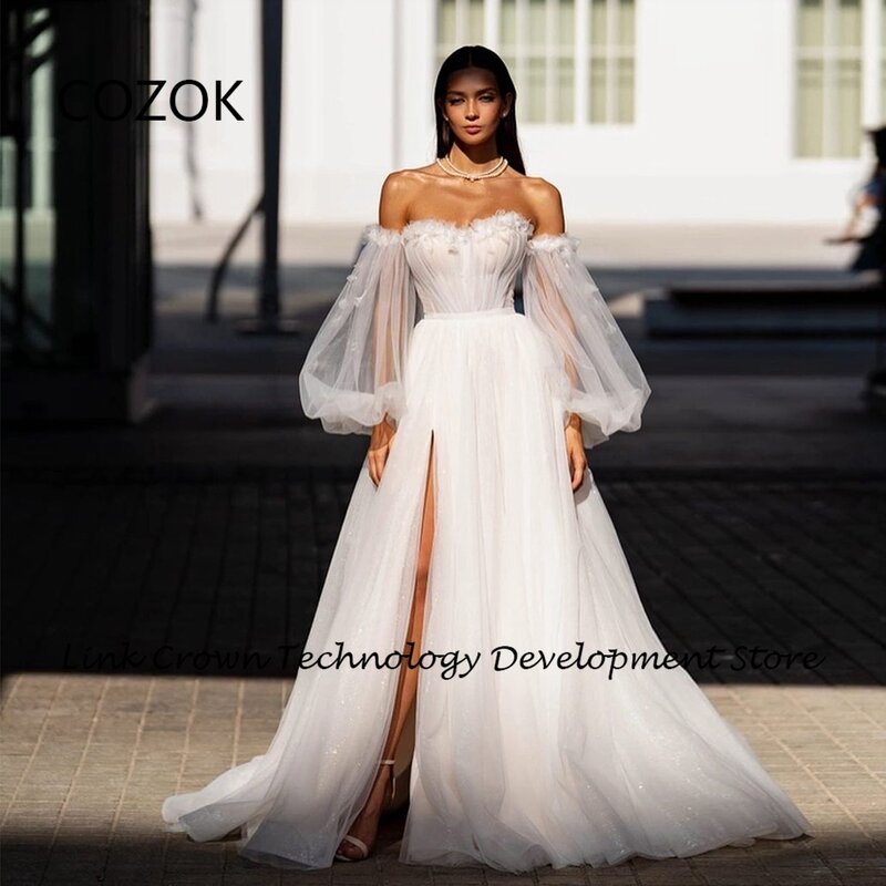 COZOK gaun pernikahan tanpa tali untuk wanita, gaun pengantin lengan penuh Tulle lembut belah samping dengan Applique 2024