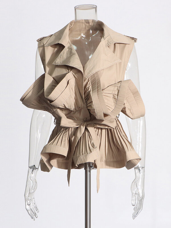 Женская однотонная блузка ROMISS, дизайнерская рубашка в стиле пэчворк на шнуровке, с отворотом, без рукавов, со складками, Элегантная блузка, женский стиль