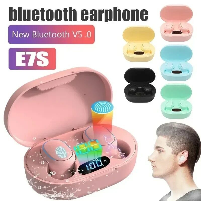 E7S headphone nirkabel TWS Bluetooth, earphone kontrol olahraga tahan air mikrofon musik bekerja pada semua ponsel pintar