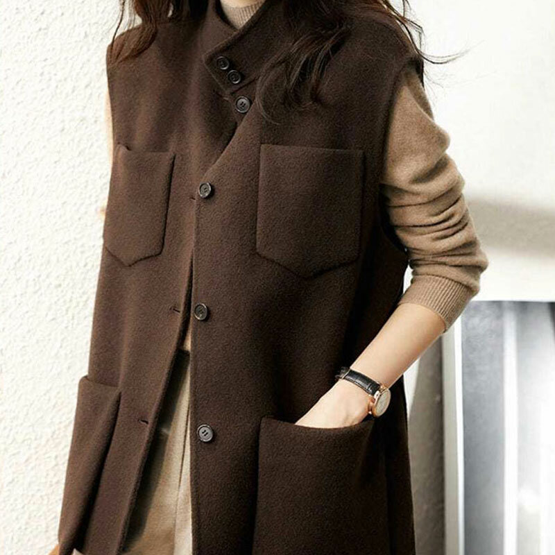 2022 autunno inverno moda tasche cappotti larghi abbigliamento donna senza maniche colletto alla coreana bottone tinta unita pendolare Casual Basic