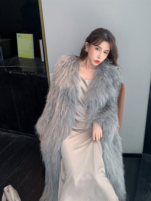 Abrigo de piel de mapache para mujer, abrigo de largo medio con solapa grande y estilo elegante, piel de zorro importada