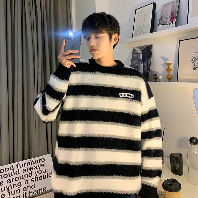 Sweaters Men Contrast Color Autumn American Retro Baggy Advanced All-match Fashion Striped Males Knitwear Youthful Popular Daily