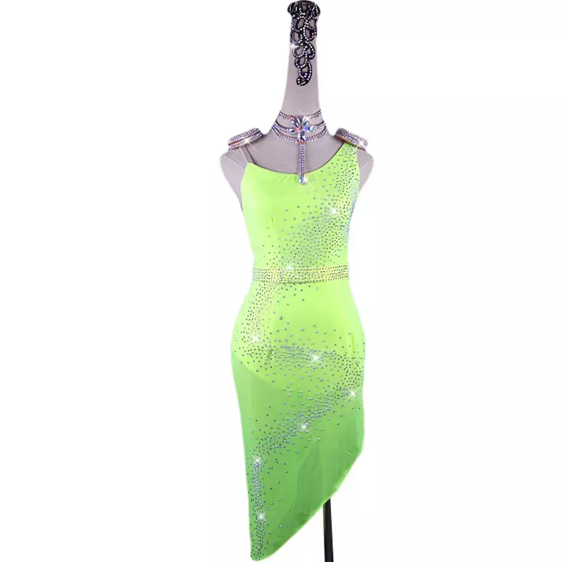 Vestido de baile latino para mujer, traje verde fluorescente con diamantes de imitación brillantes, ropa de práctica de rendimiento de competición, vestido de salón de Salsa