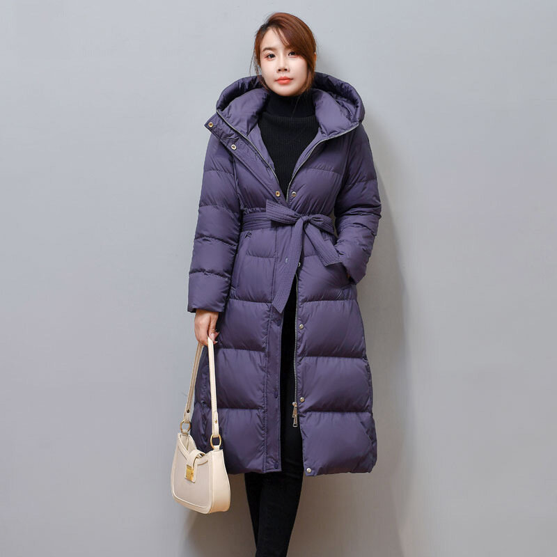 Manteau en duvet de canard à capuche pour femme avec ceinture, coupe couvertes, mi-long, parkas épaissi, blanc chaud, mode coréenne, hiver, 2023