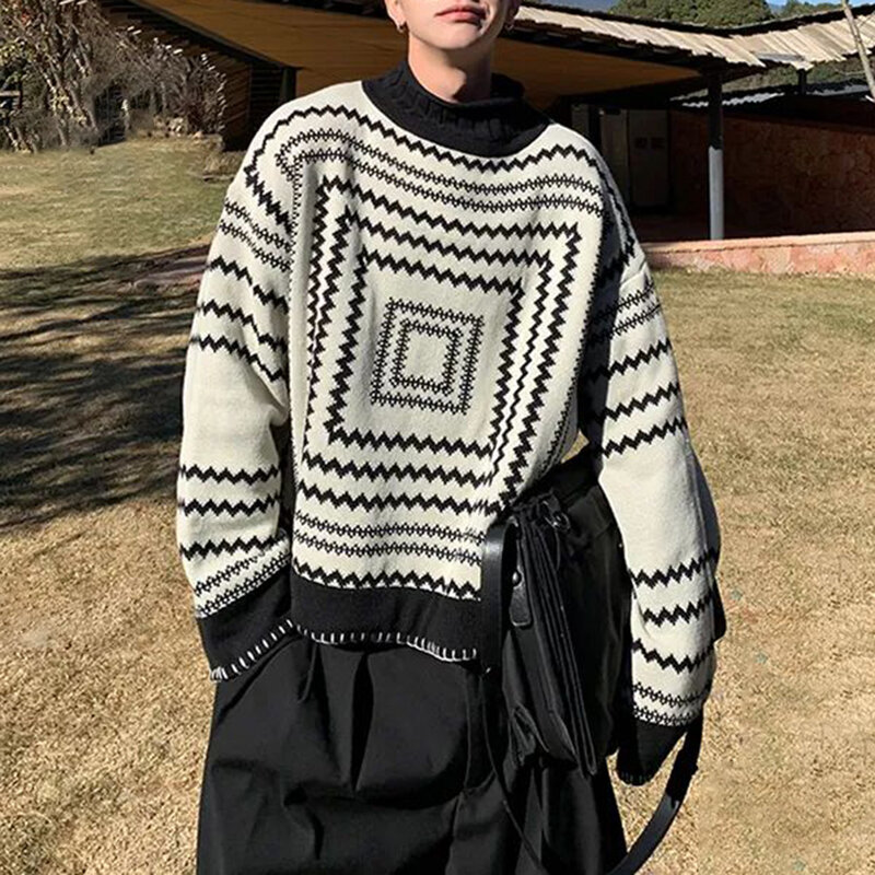 Men Casual Street Geometric Pattern Knitted Sweater Autumn Winter Genderless Half Turtleneck Loose Contrast Color Sweater Unisex