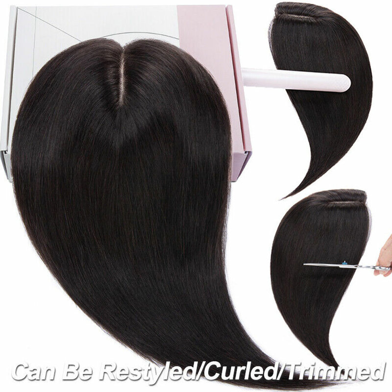 Hiasan rambut puncak 10 inci 8*12cm, dengan poni 100% rambut manusia Remy asli untuk rambut menipis untuk wanita coklat alami hitam