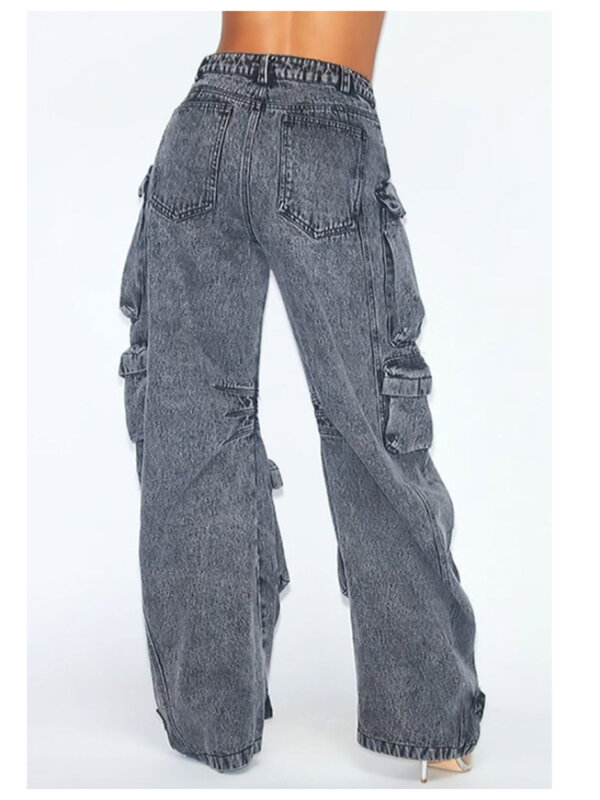 Jeans multi bolso feminino, cor sólida, solto, rua alta, retrô, perneiras largas, cintura alta reta, tendência na moda, casual
