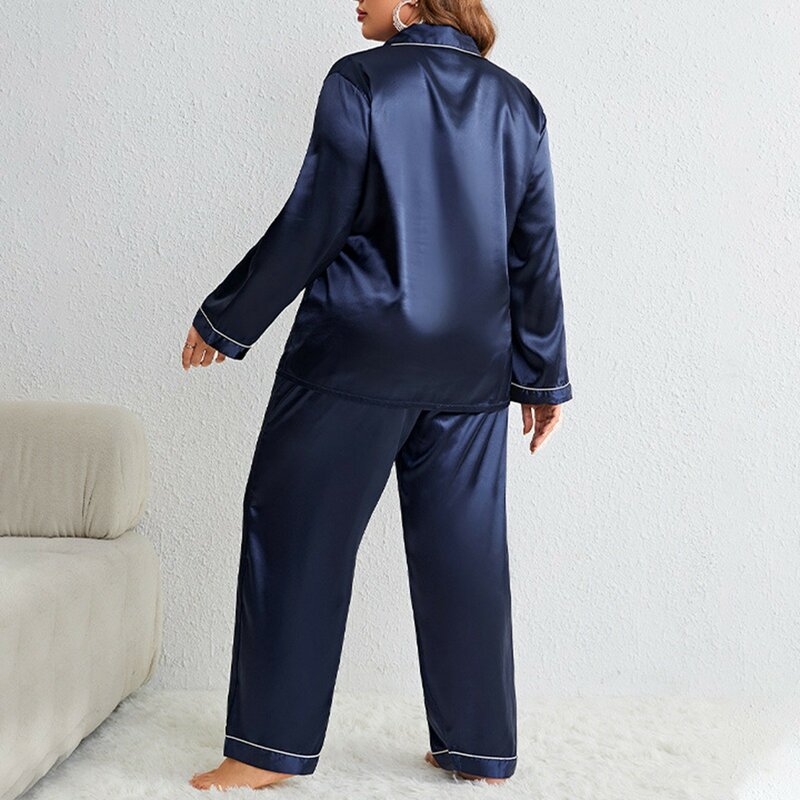 Pantalones de manga larga con solapa para mujer, cárdigan de imitación de seda, talla grande, traje Sexy suelto para el hogar, pijama informal de Color sólido para mujer