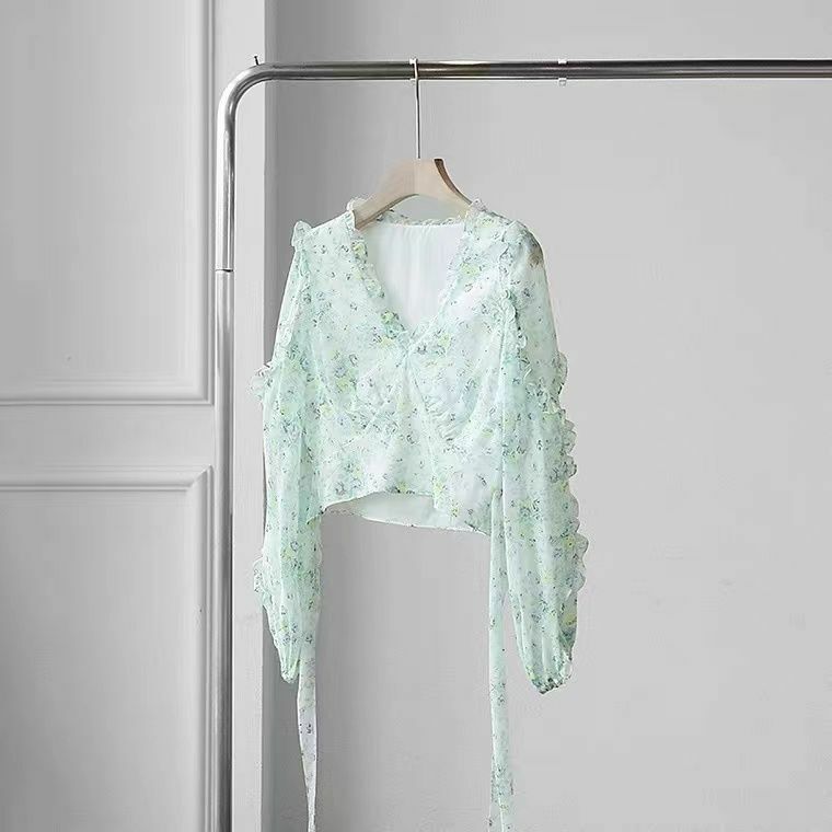 Lente Lace Up Crop Tops Groen Bloemen Shirt Vrouwen Print Retro Blouse 2 Stuk Sets Verstoorde Elastische Hoge Rokken Sets vakantie Strand