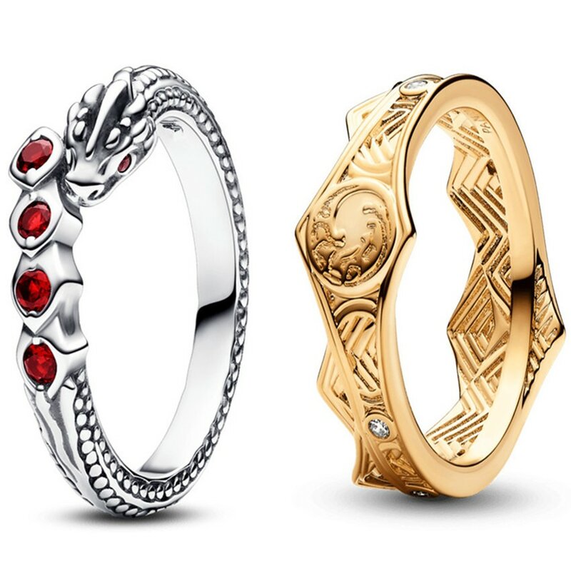 Autentyczny 925 Sterling srebrna iskrząca złoty smok z czerwonym kryształowym pierścionkiem dla kobiet biżuteria na prezent