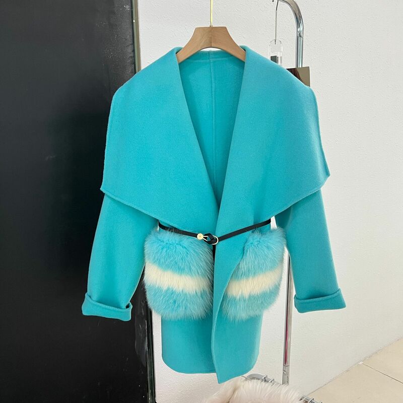 Mantel bulu wol wanita, mantel bulu rubah panjang setengah saku besar musim gugur/musim dingin 2023