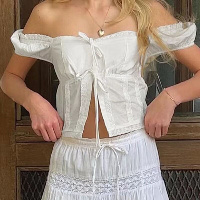QWEEK Lace Up White Cropped Shirts Woman Corset Summer Korean Fashion off shouder Blouses Female  Summer Short Sleeve Youthful