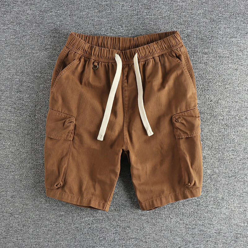 Pantalones cortos de sarga tejida para hombre, Shorts masculinos de estilo americano, 100% algodón, lavados, con múltiples bolsillos, informales y rectos de 5 puntos, novedad de verano