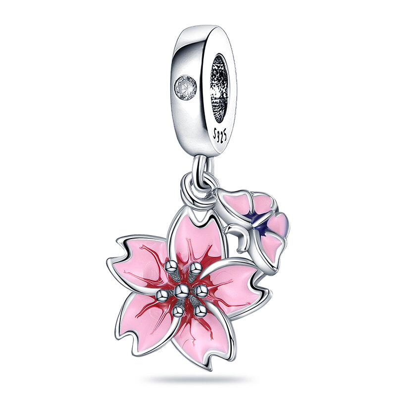 100% 925 Silver Pink Peach Blossom Sakura Flowers Bouquet Pendant Sweet Love Beads Fit Original Pandora Charms Bracelet Jewelry