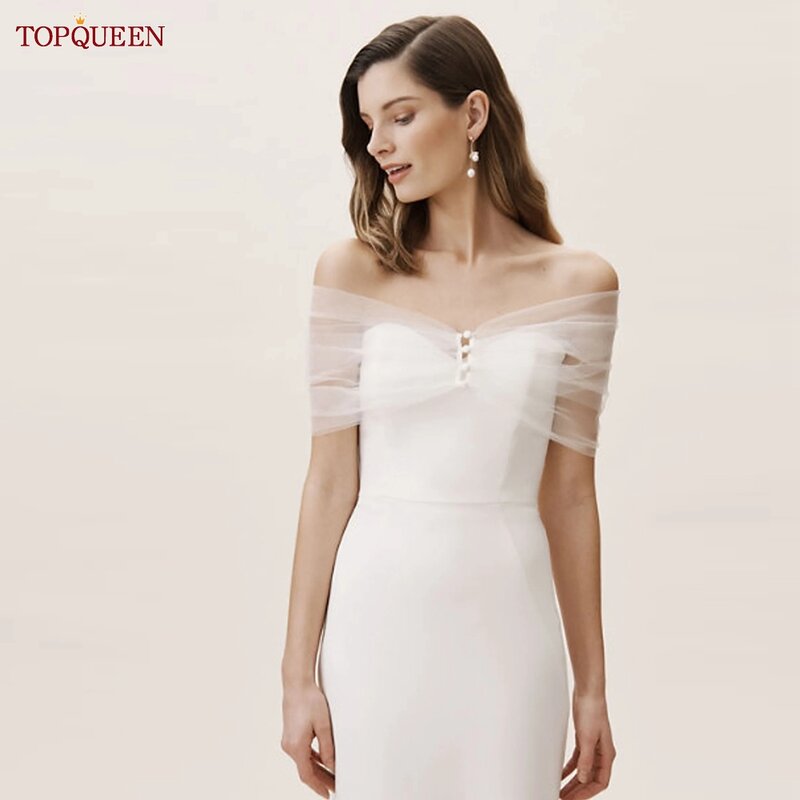 TOPQUEEN-Casaco de casamento personalizável para a noiva, despedida de solteira, manga curta nupcial top, capa leve, véu, G73