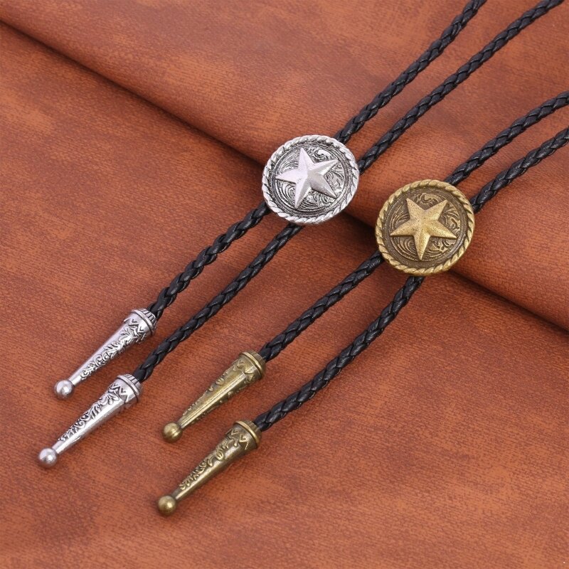 Braided Faux Leather Rope Star Necklace Bolo Tie Jewelry Accessory for Men Women Dropship
