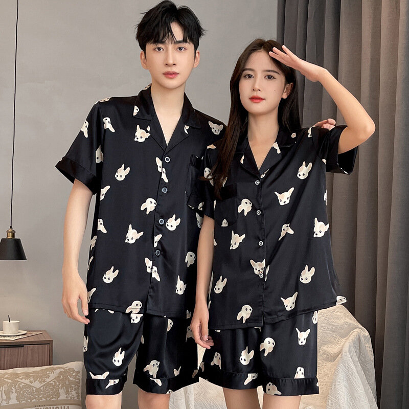 High Quality Pajamas Suit Men Women Summer Ice Silk Short Sleeve Spring Autumn Satin Puppy Homewear Couple Sleepwear Female Male