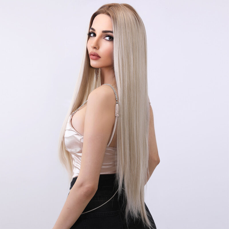 Smilco 32 Inches Omber Blonde T-Part 13X5X1 Lace Front Synthetic Straight Wig Invisible Lace Front Preplucked Wig Heat Resistant