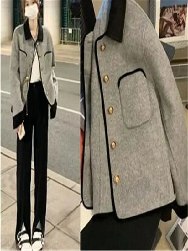 Short Grey Quilted Coats Vintage Women Clothing Contrast Lapel Woolen Jacket Autumn Winter Harajuku Jaquetas Chaqueta