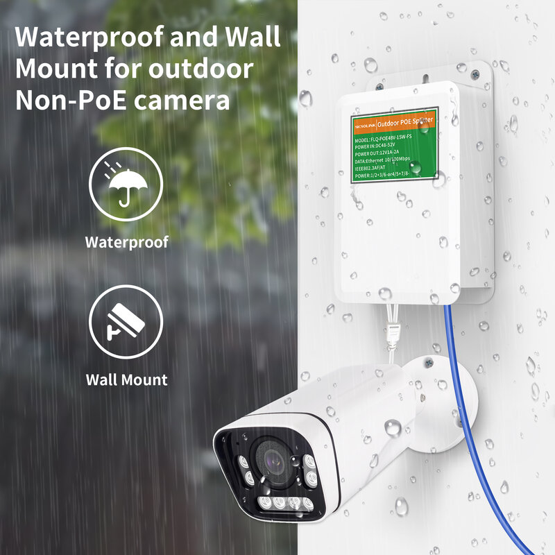 Waterproof POE Splitter 10/100Mpbs 48-52V input to DC 12V 1-2A output RJ45 to DC 5.5mm x 2.1mm power supply Support IEEE802.3 Af