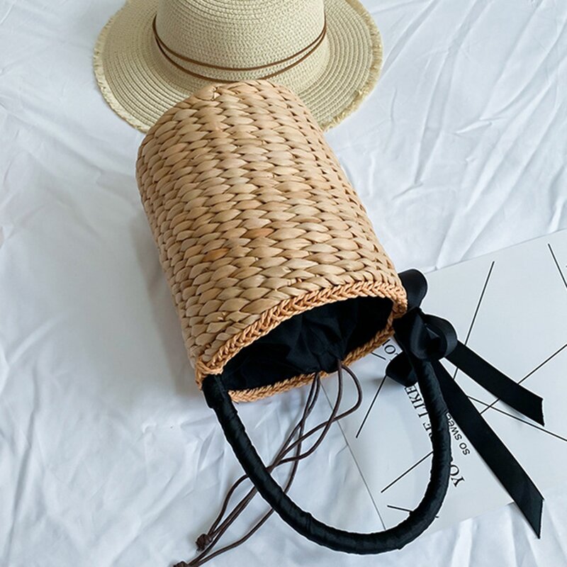 Bolso de paja con lazo para mujer, bolsa de playa informal de diseñador, Verano