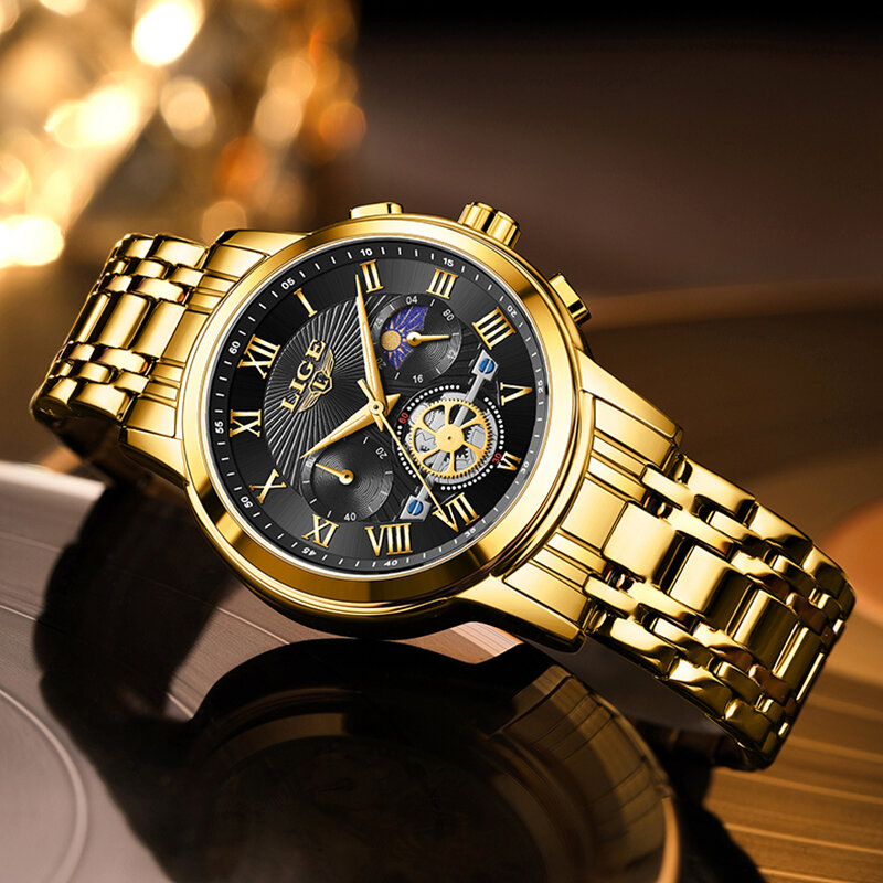 Lige-メンズ防水クォーツ時計、ゴールド、クロノグラフ、腕時計、スポーツ、トップブランド、高級ファッション