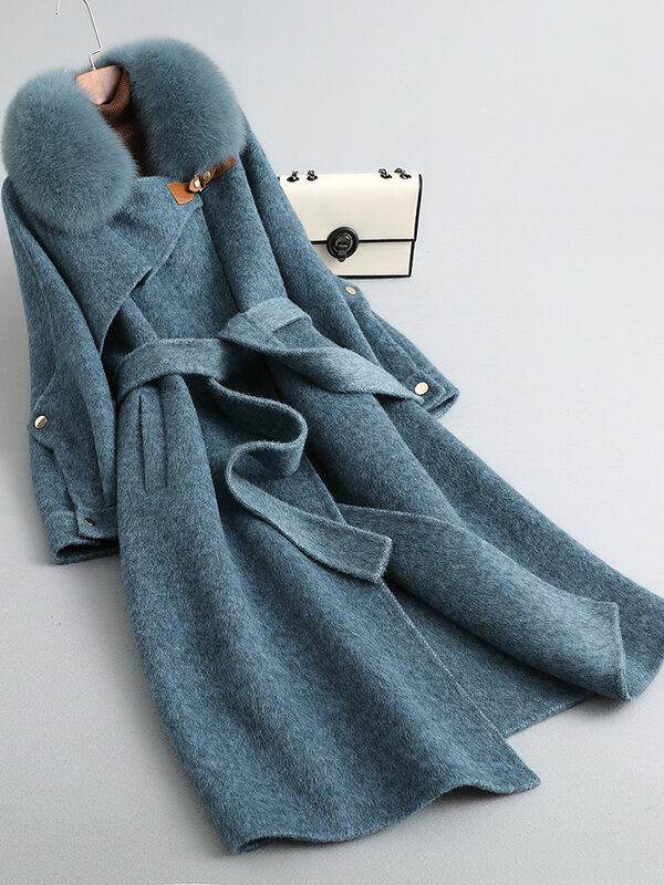 Double sided wool coat, female fur collar, 2023 autumn/winter high-end mid length alpaca wool coat