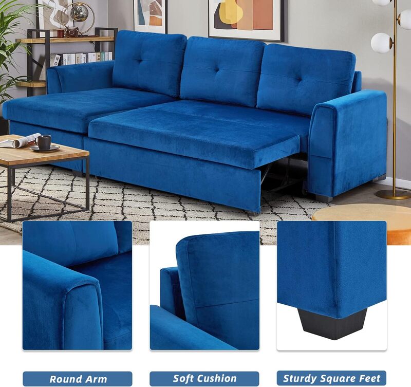 Sofá-cama 3 lugares com armazenamento Otomano para sala de estar, flanela e chaise longue removível