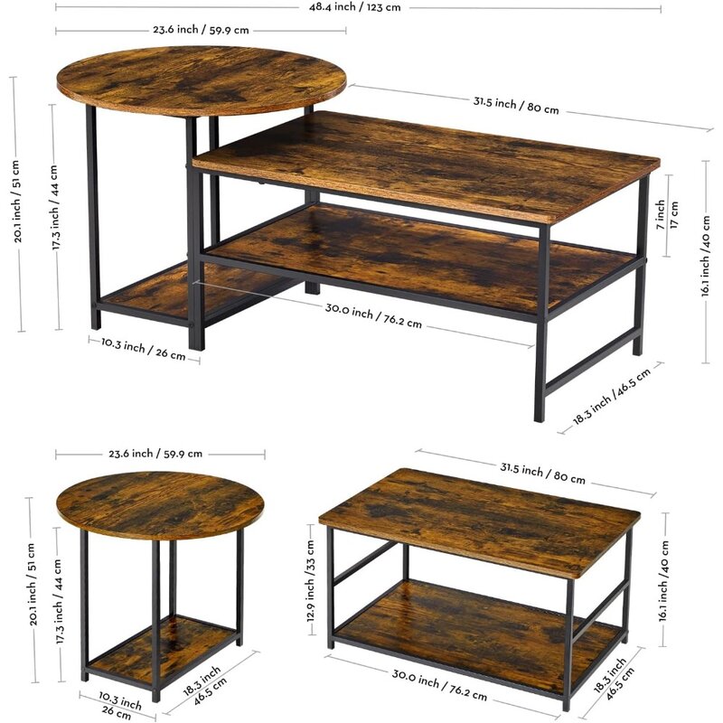 Table basse moderne du milieu du siècle, table centrale de ferme rustique, ensemble de table amovible, salon, poignées 2 en 1